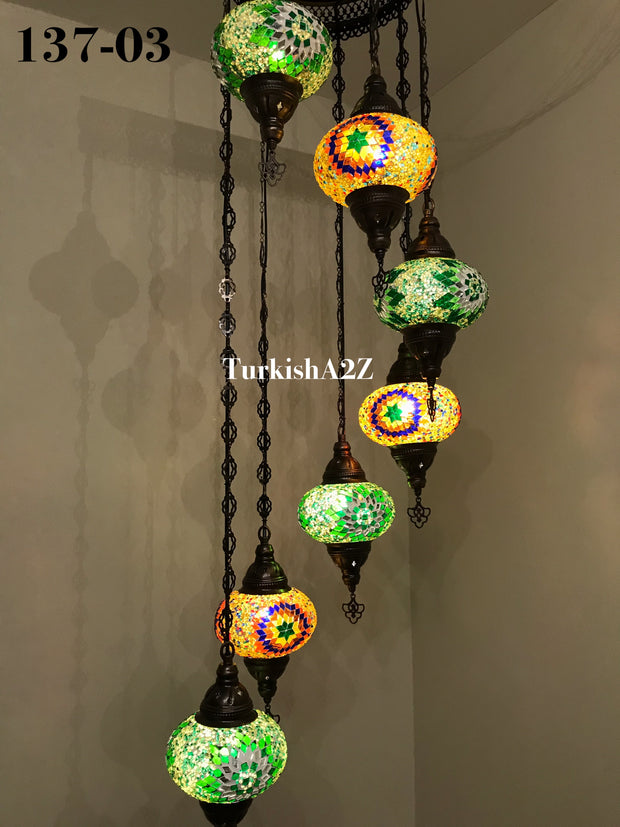 Turkish Mosaic Chandelier with 7 Large- BALL (Swag cable option),ID: 137 - TurkishLights.NET