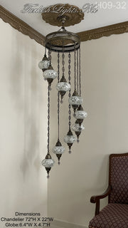 9 (L) BALL TURKISH WATER DROP MOSAIC CHANDELIER WİTH LARGE GLOBES H09-32