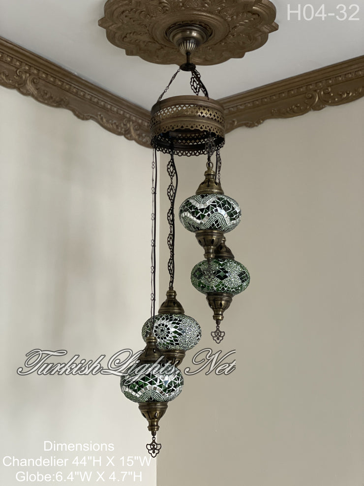 4 (L) BALL TURKISH WATER DROP MOSAIC CHANDELIER WİTH LARGE GLOBES H04-32