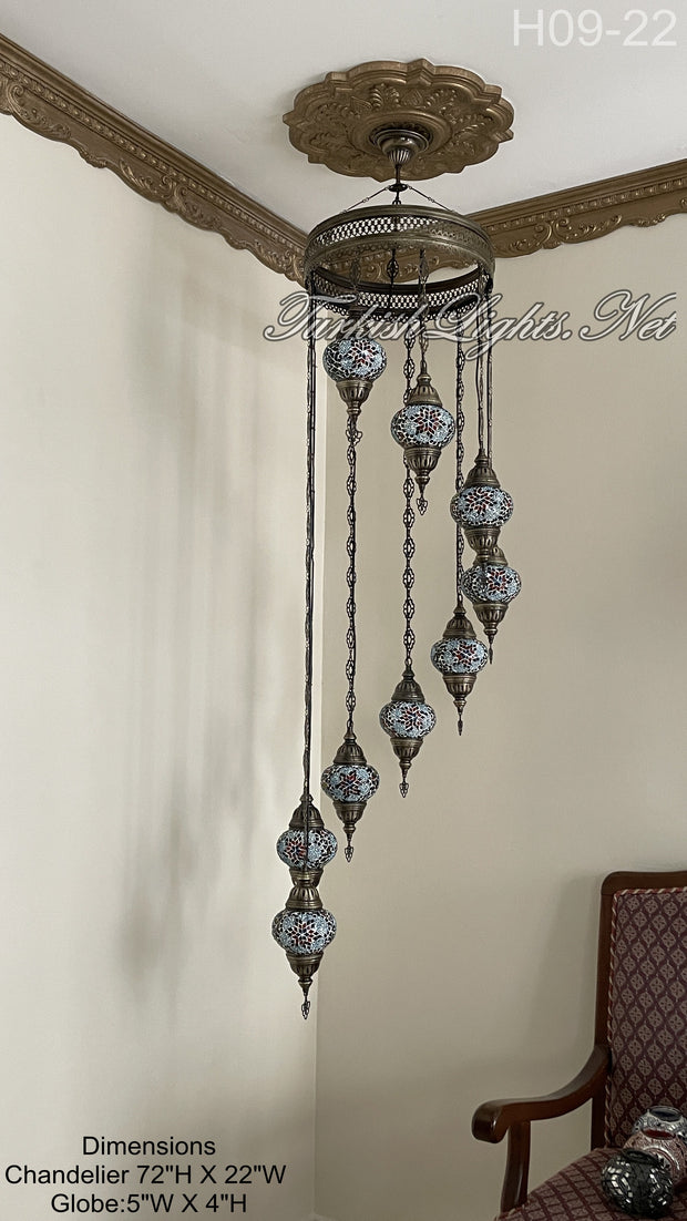 9 (M) BALL TURKISH WATER DROP MOSAIC CHANDELIER WİTH MEDIUM GLOBES H09-22