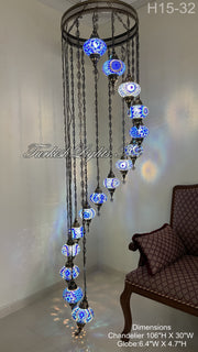 15-BALL TURKISH WATER DROP MOSAIC CHANDELIER MEDIUM GLOBES 8 TO CHOOSE