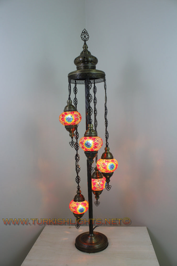 5 BALL TURKISH MOSAIC FLOOR LAMP WITH MEDIUM GLOBES, LAMBADER - TurkishLights.NET