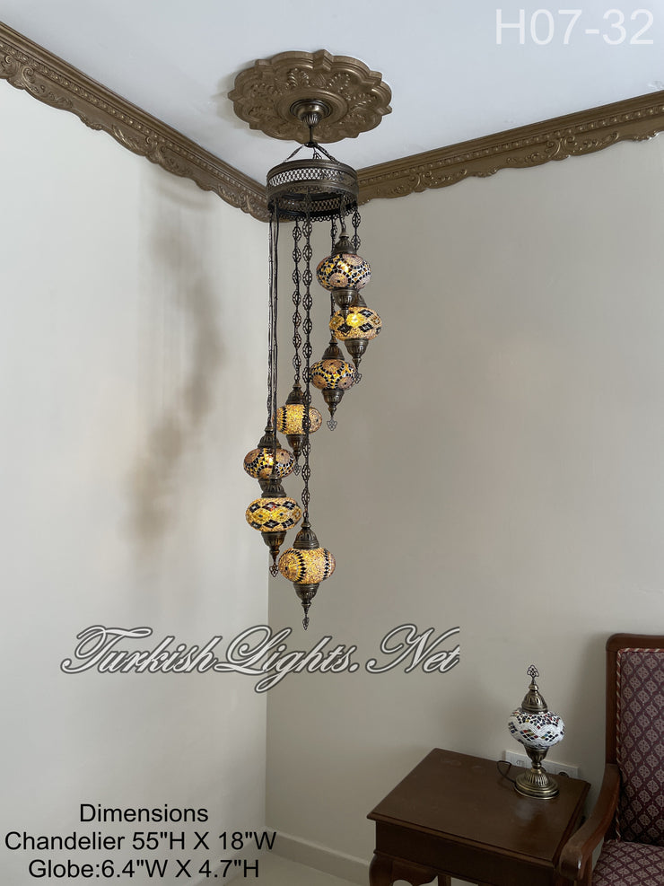 7 (L) BALL TUHRKISH WATER DROP MOSAIC CHANDELIER WİTH LARGE GLOBES H07-32