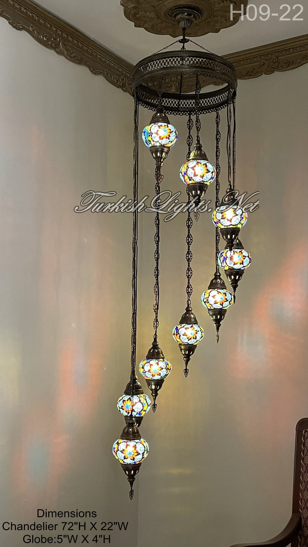 9 (M) BALL TURKISH WATER DROP MOSAIC CHANDELIER WİTH MEDIUM GLOBES H09-22