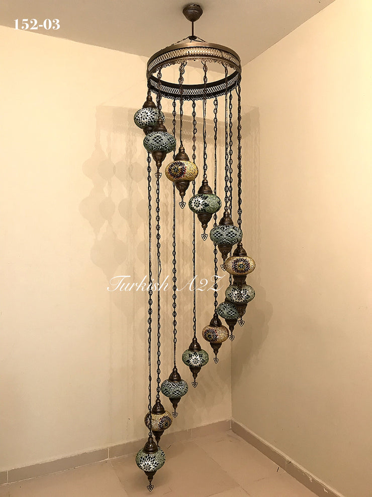 Turkish Mosaic Chandelier with 13 Large Globes (water drop model) , ID:152 - TurkishLights.NET