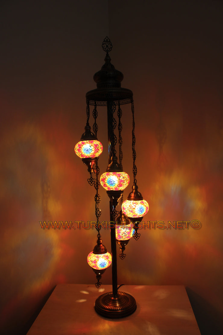 5 BALL TURKISH MOSAIC FLOOR LAMP WITH MEDIUM GLOBES, LAMBADER - TurkishLights.NET