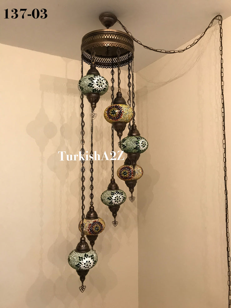 Turkish Mosaic Chandelier with 7 Large- BALL (Swag cable option),ID: 137 - TurkishLights.NET