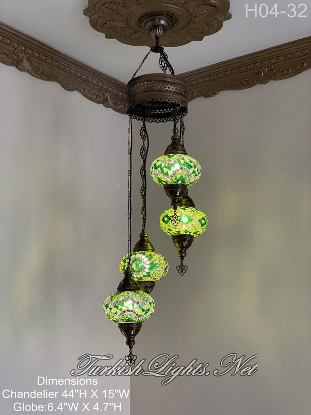 4 (L) BALL TURKISH WATER DROP MOSAIC CHANDELIER WİTH LARGE GLOBES H04-32