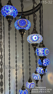 15-BALL TURKISH WATER DROP MOSAIC CHANDELIER WİTH LARGE GLOBES H15-32