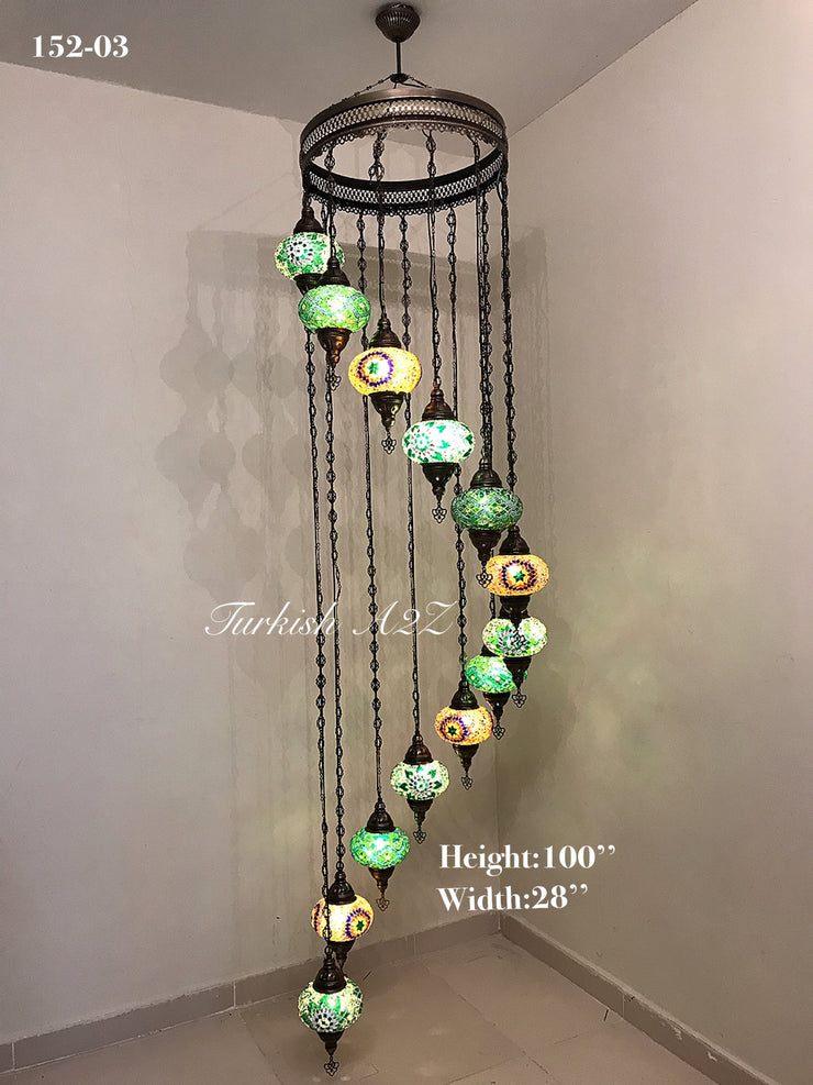 Turkish Mosaic Chandelier with 13 Large Globes (water drop model) , ID:152 - TurkishLights.NET