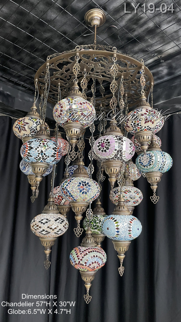 19-BALL TURKISH SULTAN MOSAIC CHANDELIER, LARGE GLOBES ID: LY19-04