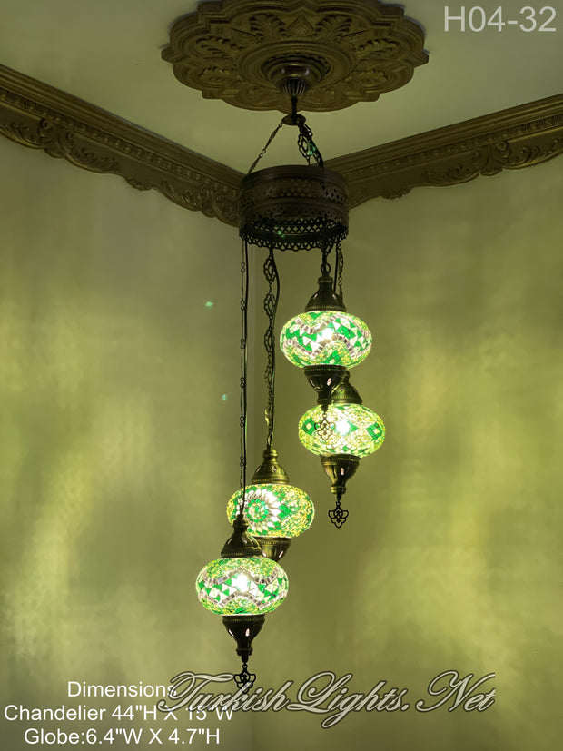 4 (L) BALL TURKISH WATER DROP MOSAIC CHANDELIER WİTH LARGE GLOBES H04-32