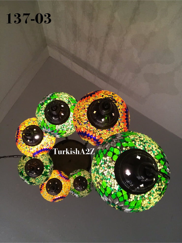 Turkish Mosaic Chandelier with 7 Large- BALL (Swag cable option),ID: 137 - TurkishLights.NET