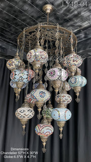 19-BALL TURKISH SULTAN MOSAIC CHANDELIER, LARGE GLOBES 6 TO CHOOSE