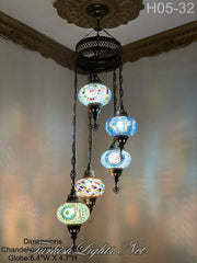 5 (L) BALL TURKISH WATER DROP MOSAIC CHANDELIER WİTH LARGE GLOBES 9 TO CHOOSE