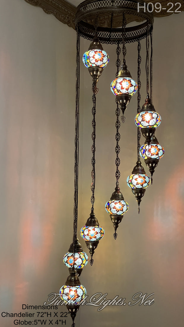 9 (M) BALL TURKISH WATER DROP MOSAIC CHANDELIER WİTH MEDIUM GLOBES H09-22