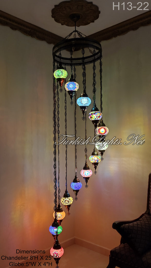 13 (M) BALL TURKISH WATER DROP MOSAIC CHANDELIER WİTH MEDIUM GLOBES 9 TO CHOOSE