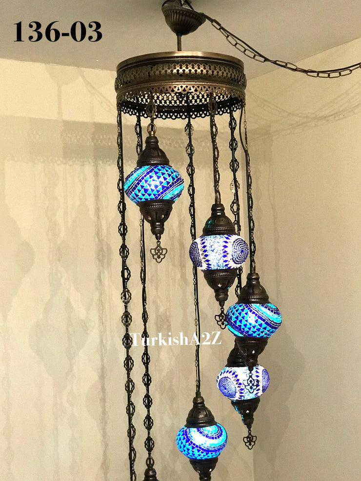 Turkish Mosaic Chandelier with 7 Medium - BALL(Swag Cable Option),ID: 136 - TurkishLights.NET