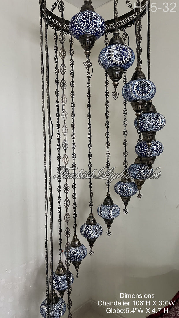 15-BALL TURKISH WATER DROP MOSAIC CHANDELIER WİTH LARGE GLOBES H15-32