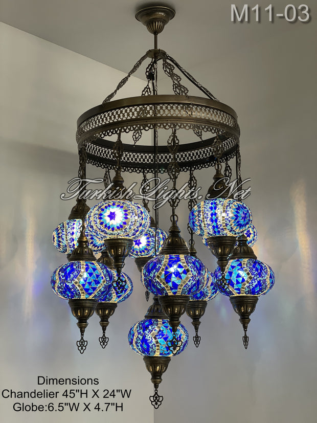 11-BALL TURKISH SULTAN MOSAIC CHANDELIER, LARGE GLOBES 10 TO CHOOSE