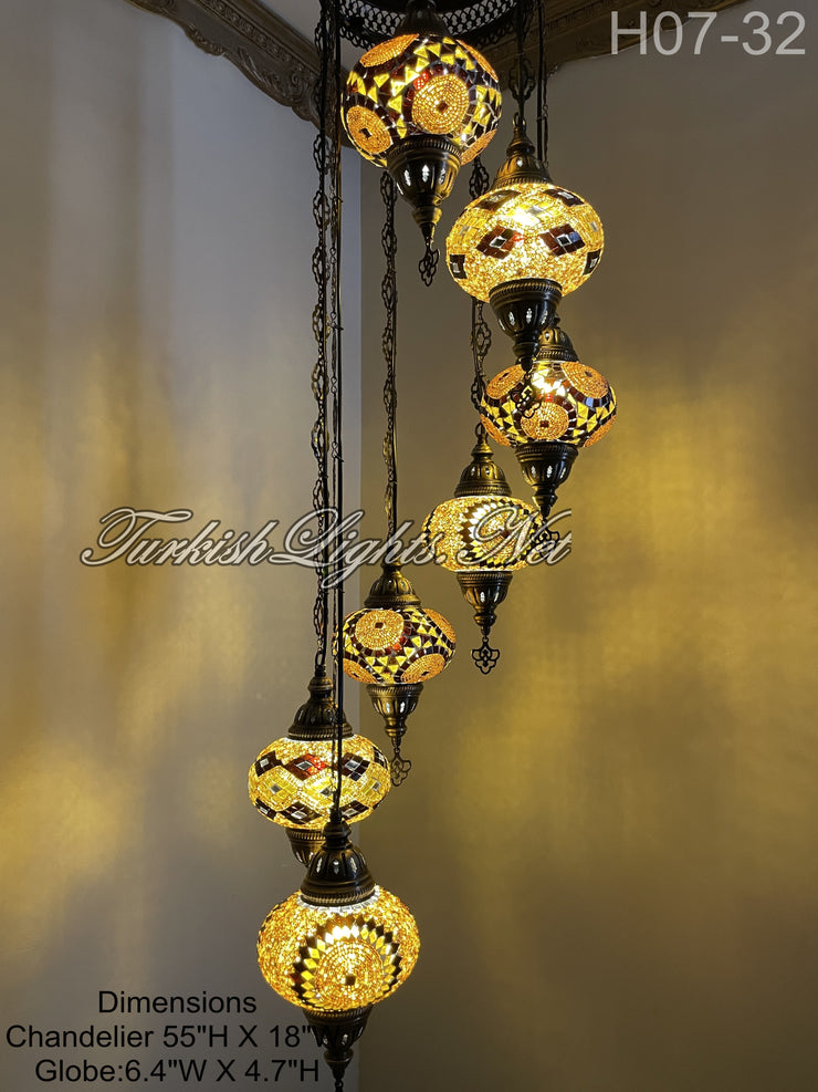 7 (L) BALL TUHRKISH WATER DROP MOSAIC CHANDELIER WİTH LARGE GLOBES H07-32