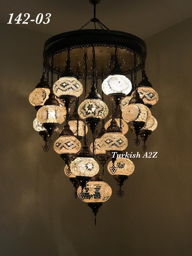 Turkish Mosaic Chandelier With 21 Medium Globes (with remote) ,ID: 142, FREE SHIPPING - TurkishLights.NET
