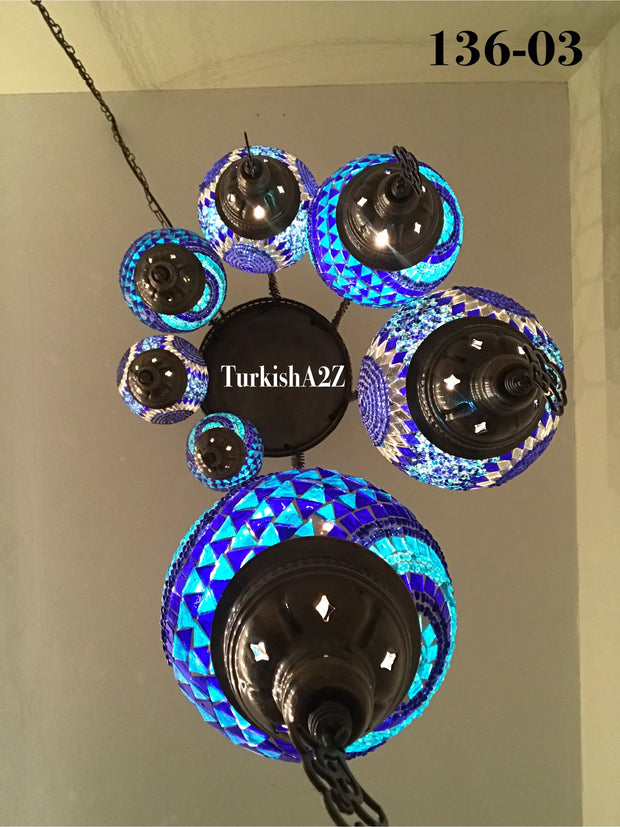 Turkish Mosaic Chandelier with 7 Medium - BALL(Swag Cable Option),ID: 136 - TurkishLights.NET