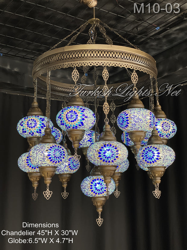 15-BALL TURKISH SULTAN MOSAIC CHANDELIER, LARGE GLOBES,  9 TO CHOOSE