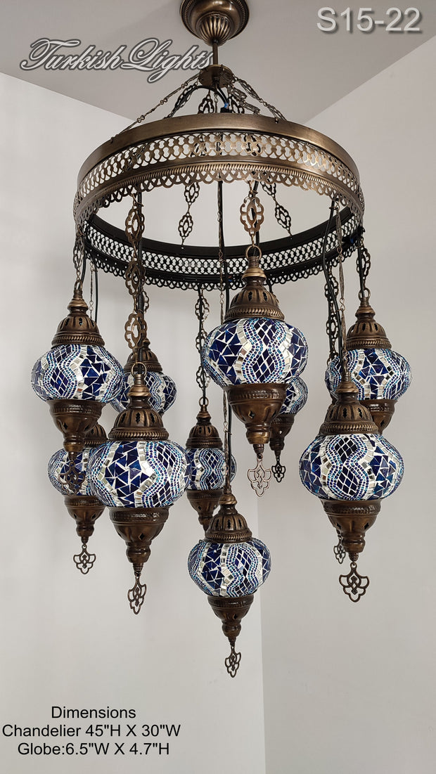 15-BALL TURKISH SULTAN MOSAIC CHANDELIER, MEDİUM GLOBES ID: S15-22