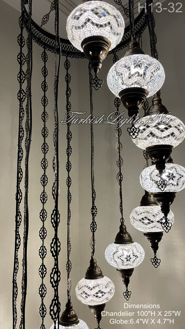 13 (L) BALL TURKISH WATER DROP MOSAIC CHANDELIER WİTH LARGE GLOBES H13-32