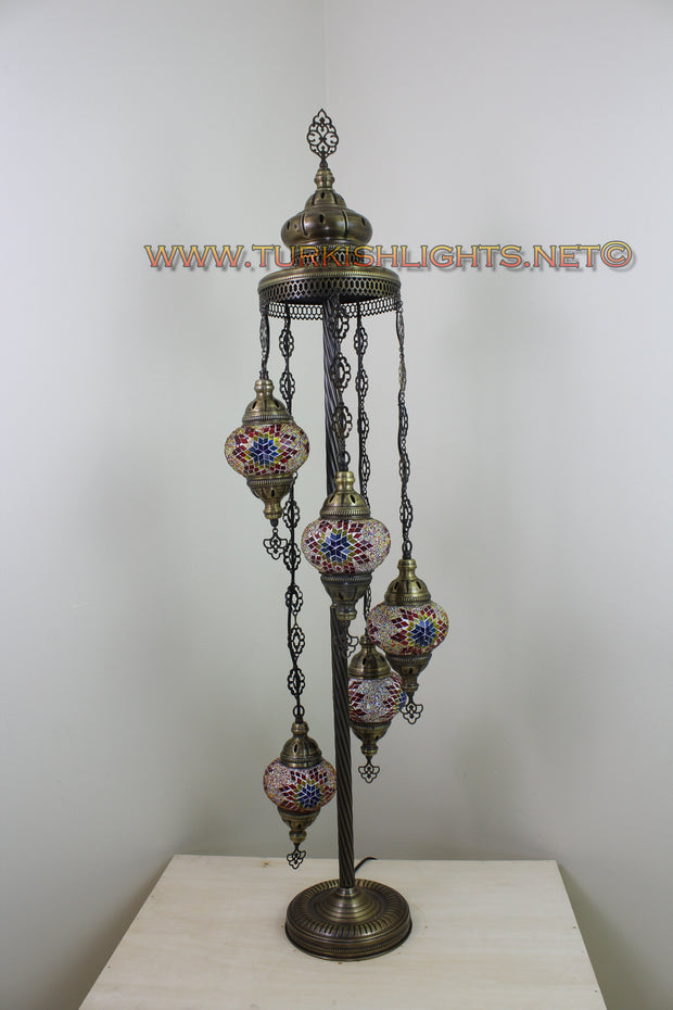 5 BALL TURKISH MOSAIC FLOOR LAMP WITH MEDIUM GLOBES, LAMBADER - TurkishLights.NET