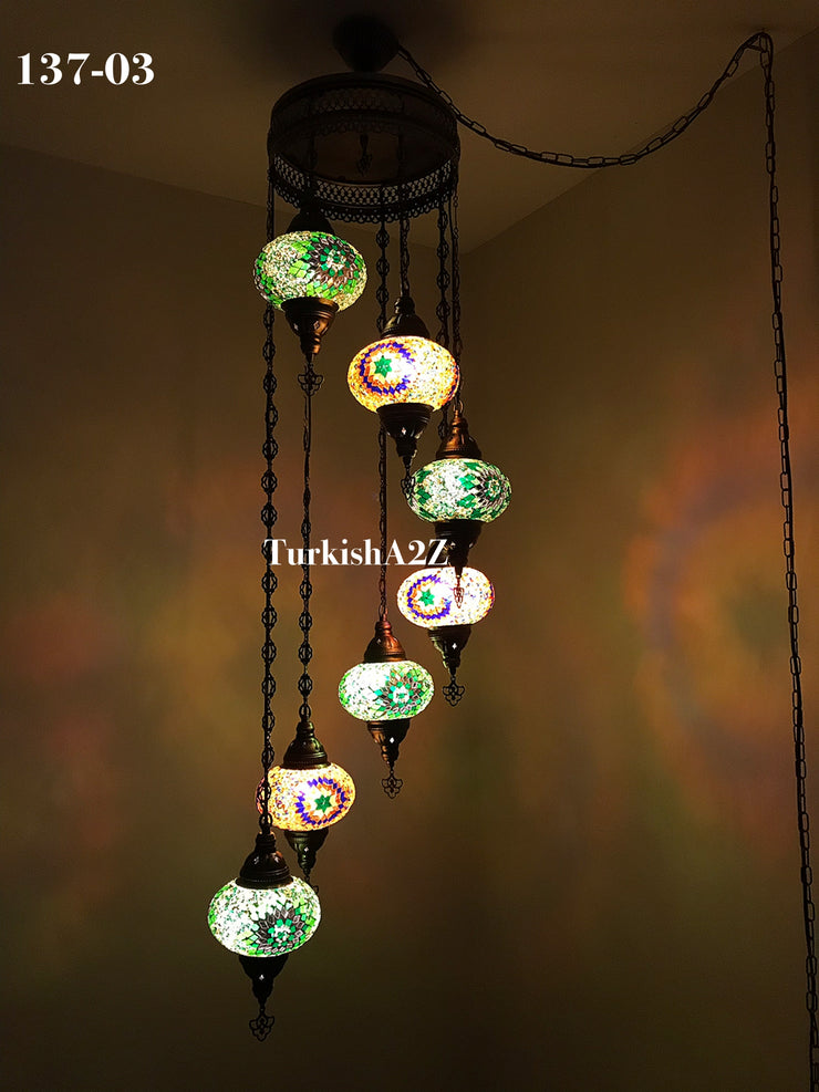 Turkish Mosaic Chandelier with 7 Large- BALL (Swag cable option),ID: 137 - TurkishLights.NET