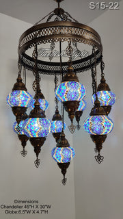 15-BALL TURKISH SULTAN MOSAIC CHANDELIER, MEDİUM GLOBES 15 TO CHOOSE