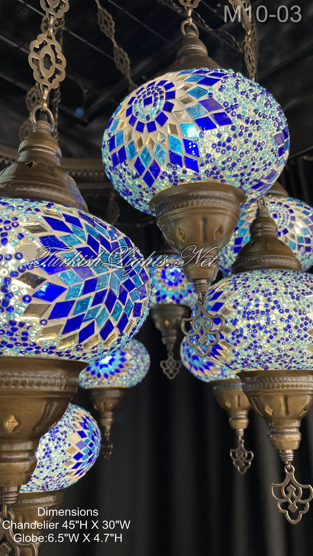 15-BALL TURKISH SULTAN MOSAIC CHANDELIER, LARGE GLOBES,  9 TO CHOOSE