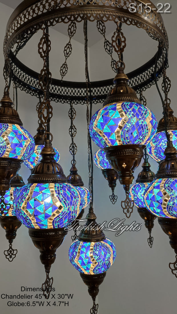 15-BALL TURKISH SULTAN MOSAIC CHANDELIER, MEDİUM GLOBES ID: S15-22