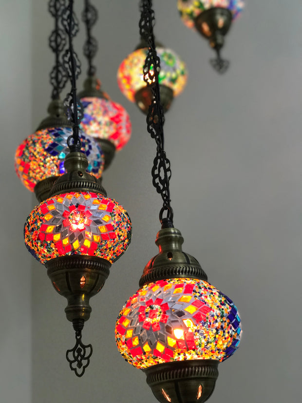 9-BALL TURKISH  MOSAIC CHANDELIER WITH MEDIUM GLOBES - TurkishLights.NET