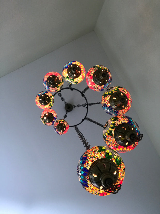 9-BALL TURKISH  MOSAIC CHANDELIER WITH MEDIUM GLOBES - TurkishLights.NET