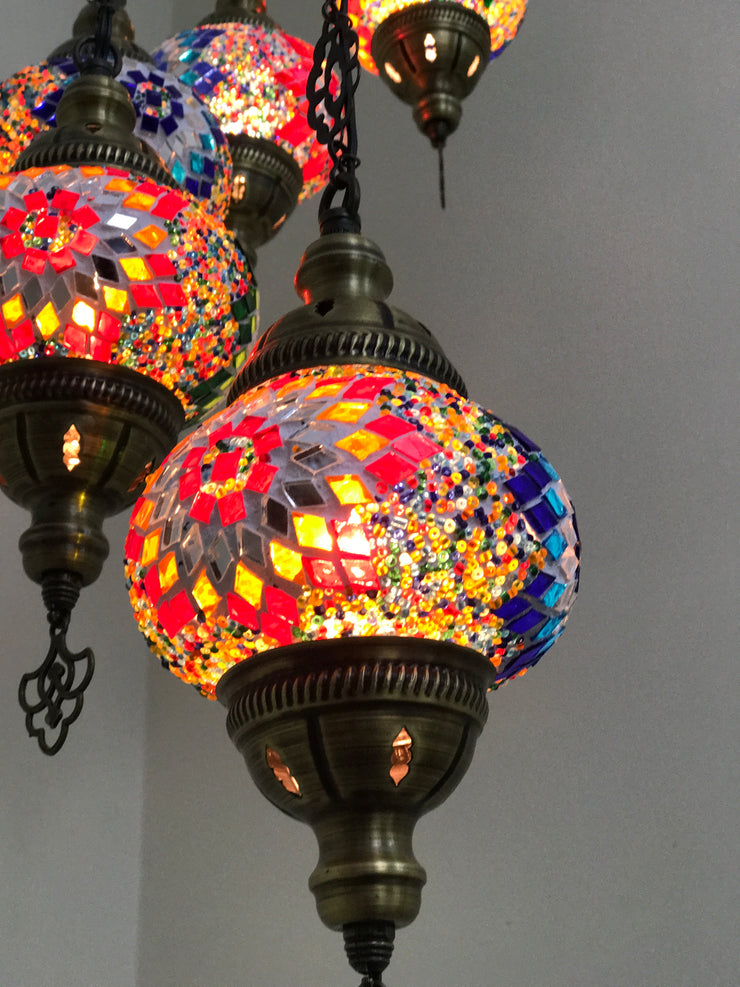 9-BALL TURKISH  MOSAIC CHANDELIER WITH MEDIUM GLOBES - TurkishLights.NET