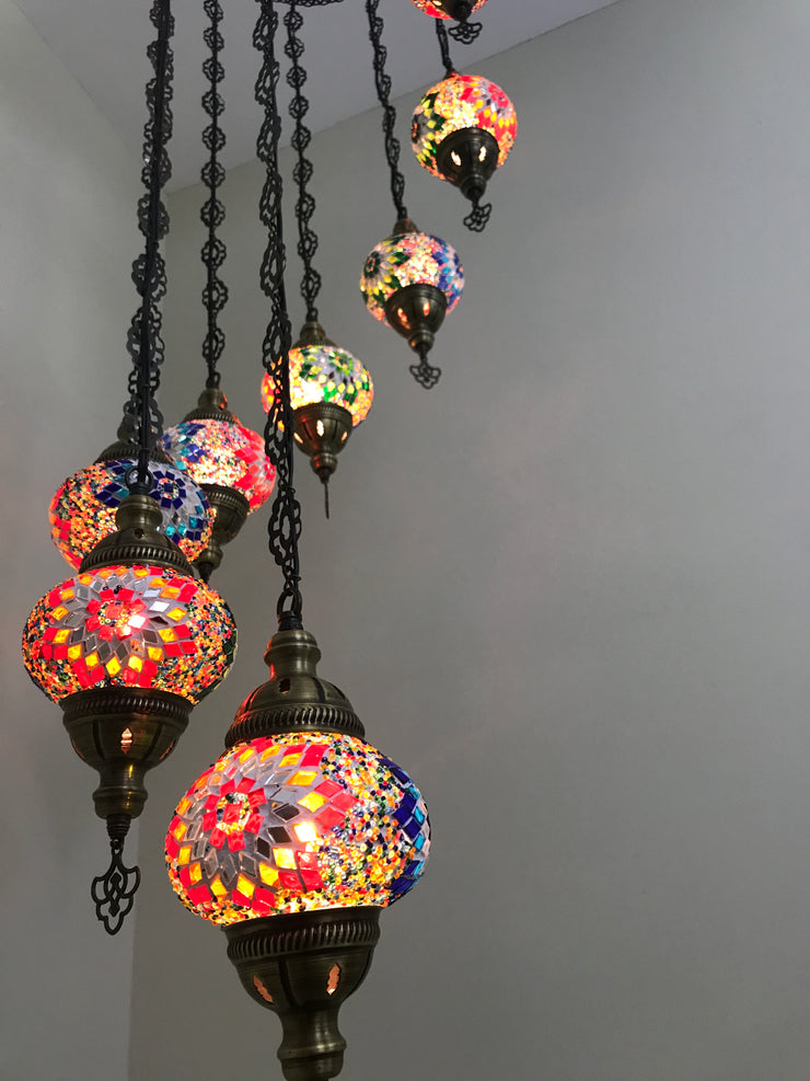 9-BALL TURKISH  MOSAIC CHANDELIER WITH MEDIUM GLOBES - TurkishLights.NET