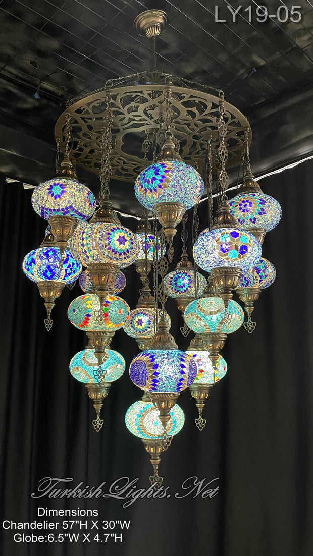 19-BALL TURKISH SULTAN MOSAIC CHANDELIER, LARGE GLOBES 6 TO CHOOSE