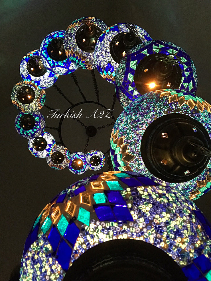 Turkish Mosaic Chandelier with 13 Large Globes (water drop model) , ID:152 - TurkishLights.NET