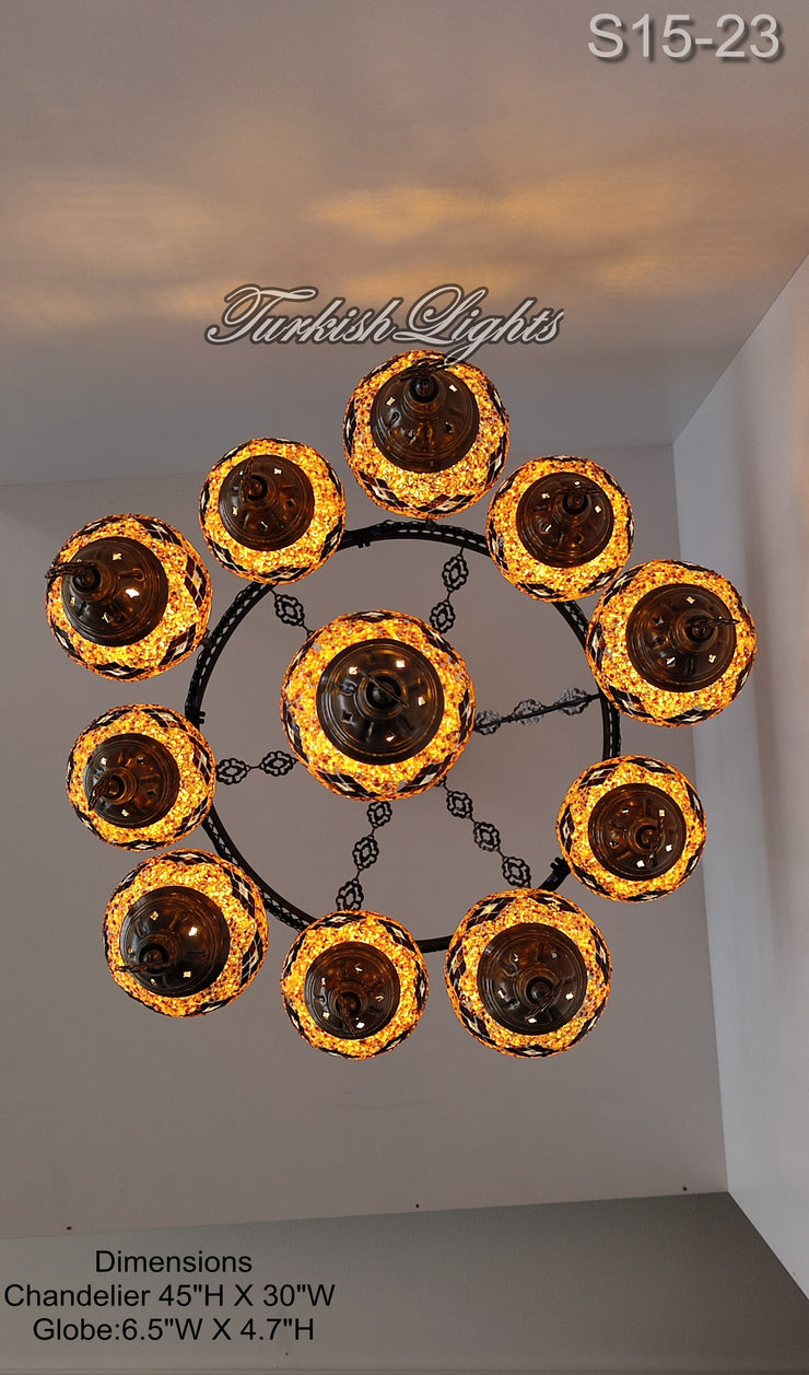 15-BALL TURKISH SULTAN MOSAIC CHANDELIER, MEDİUM GLOBES ID: S15-23