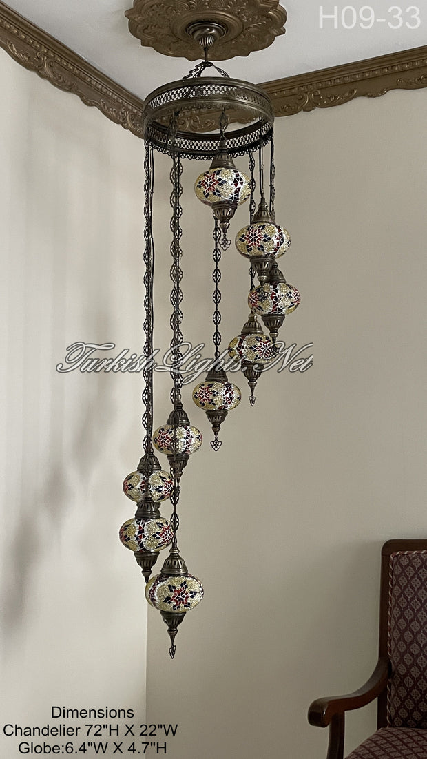 9 (L) BALL TURKISH WATER DROP MOSAIC CHANDELIER WİTH LARGE GLOBES H09-33