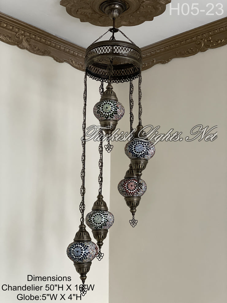 5 (M) BALL TURKISH WATER DROP MOSAIC CHANDELIER WİTH MEDIUM GLOBES H05-23