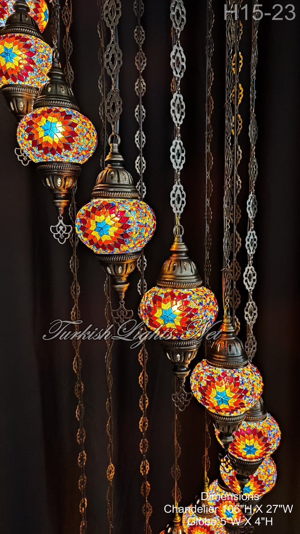 15-BALL TURKISH WATER DROP MOSAIC CHANDELIER MEDIUM GLOBES H15-23