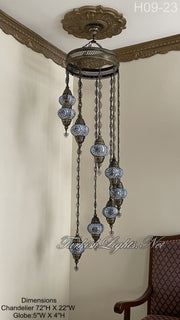 9 (M) BALL TURKISH WATER DROP MOSAIC CHANDELIER WİTH MEDIUM GLOBES H09-23