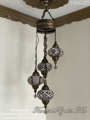 4 (L) BALL TURKISH WATER DROP MOSAIC CHANDELIER WİTH LARGE GLOBES H04-33