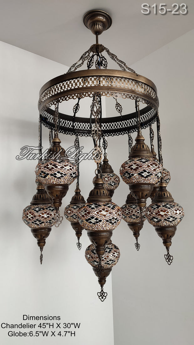 15-BALL TURKISH SULTAN MOSAIC CHANDELIER, MEDİUM GLOBES ID: S15-23