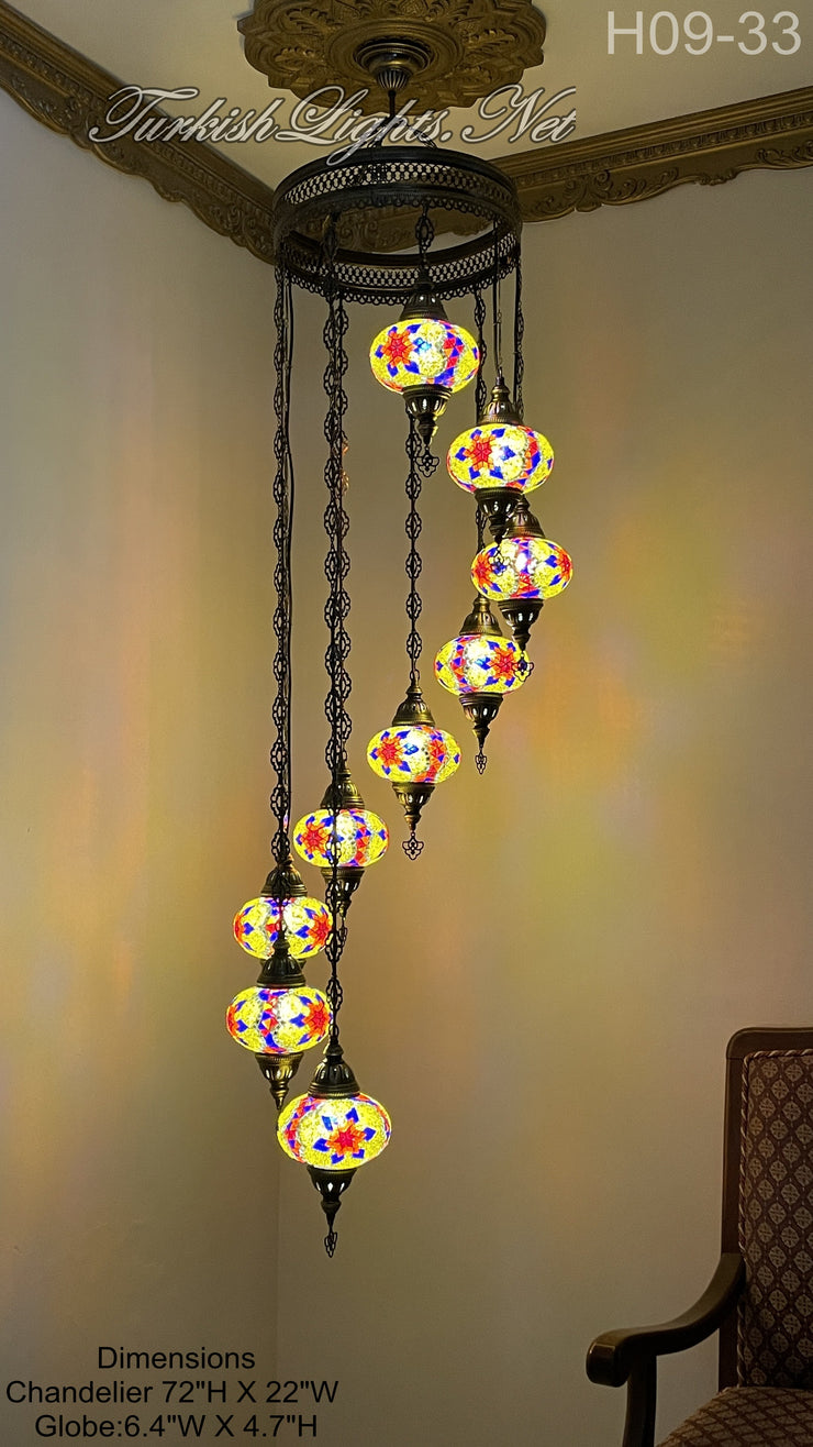 9 (L) BALL TURKISH WATER DROP MOSAIC CHANDELIER WİTH LARGE GLOBES 10 TO CHOOSE