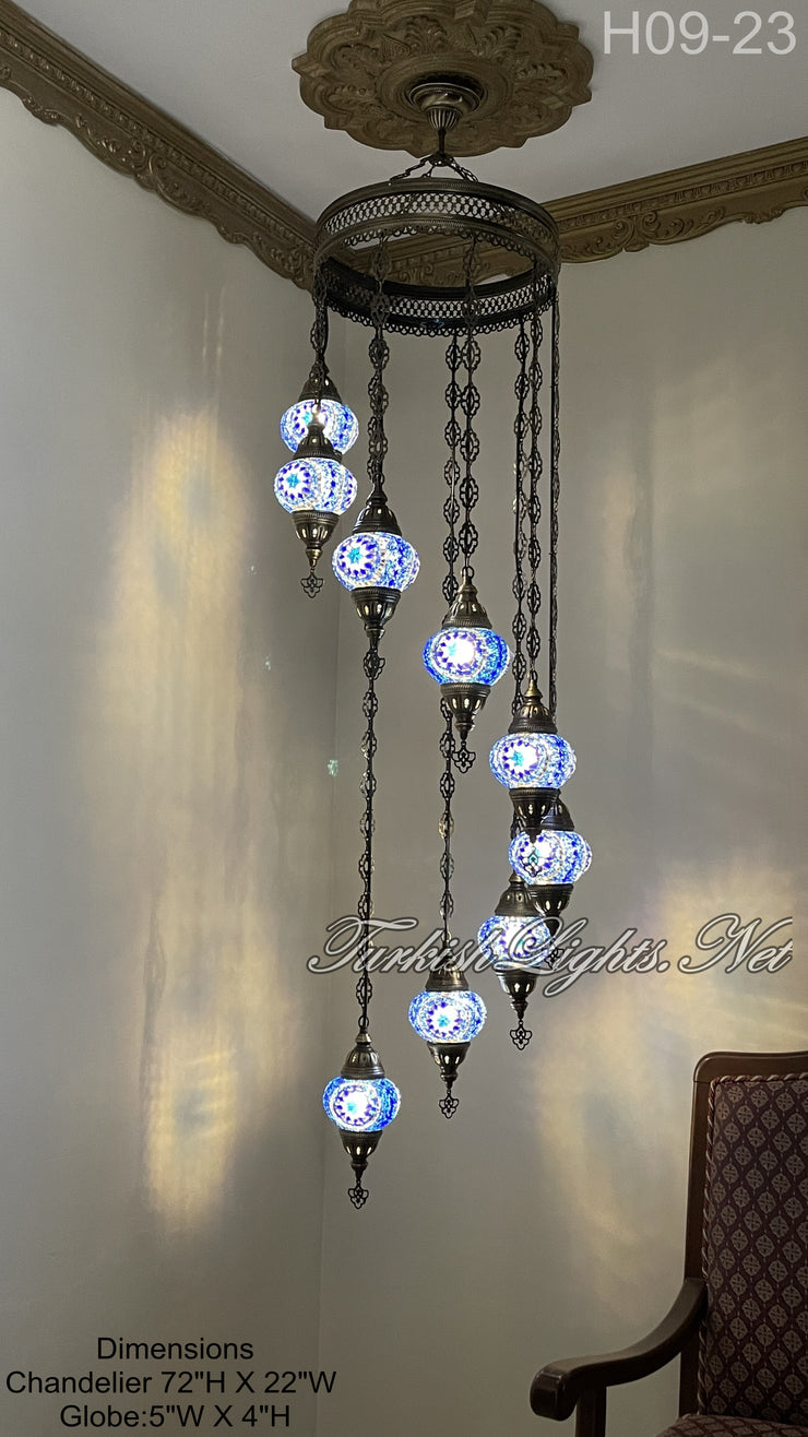 9 (M) BALL TURKISH WATER DROP MOSAIC CHANDELIER WİTH MEDIUM GLOBES H09-23